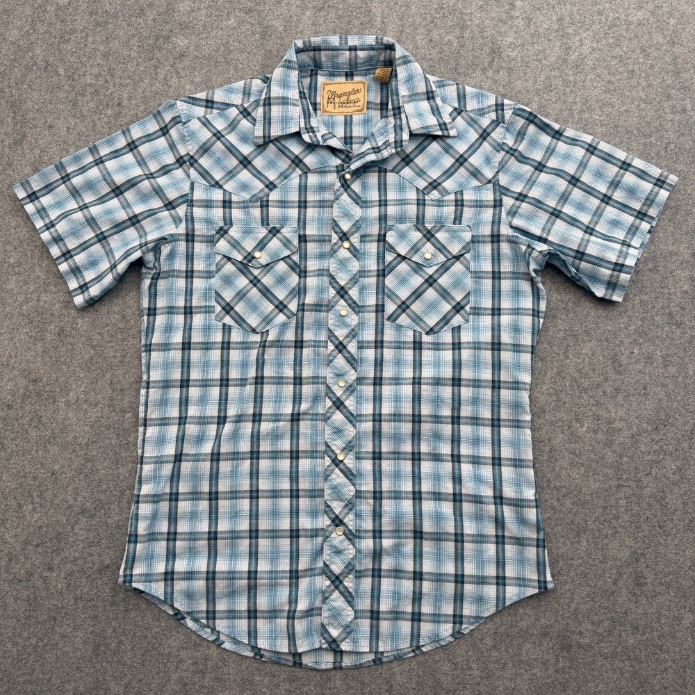 Wrangler Men's Western Shirt Blue Plaid Medium Pearl Snap Cotton Blend